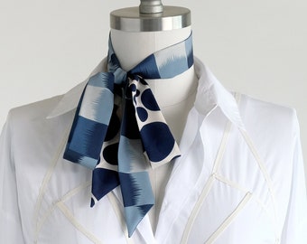 Mod blue skinny scarf, hair wrap, neck accessory, ladies bow tie, ribbon neck scarf, pussy bow tie, professional style accent