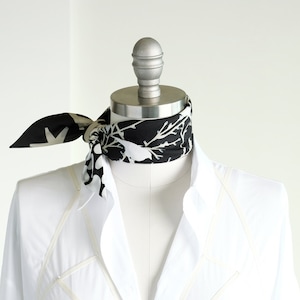 May include: A white collared shirt with a black and white patterned scarf tied around the neck.