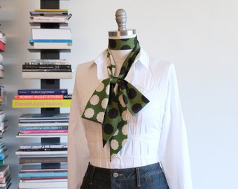 Mod dot long skinny scarf, jeans belt sash, emerald green black hair wrap, workwear neck scarf, pussy-bow tie, retro neck choker