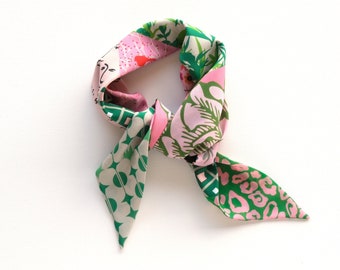 Green and pink patterned triangle bandana scarf, ascot neckerchief, cowgirl style gift, patchwork style scarves, soft choker scarf