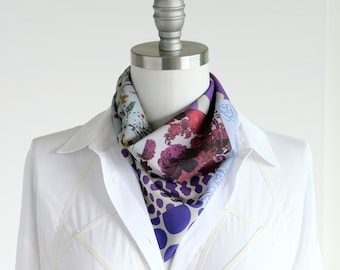 Purple patchwork print bandana scarf, french chic soft scarf, violet scarf for her, lavender womens handmade scarf, top bun hair wrap