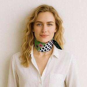 Small soft triangle scarf in a fun medley of green prints. Shown rolled up and tied as a choker scarf on a young woman.