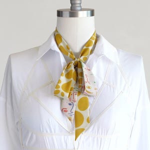 Citrus Yellow Dot Skinny Scarf: Colorful Faces Print, Handmade