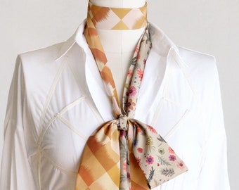 Floral Skinny Scarf: Honey Gold Check, Boho Necktie Sash