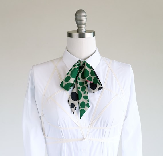 Green Black Dot Skinny Neck Scarf, Hair Ribbon Scarf