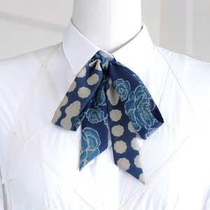 Blue floral skinny scarf, hair wrap, women's necktie, indigo blue ribbon choker scarf, modern professional style accent, boho-style belt image 2