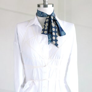 Blue floral skinny scarf, hair wrap, women's necktie, indigo blue ribbon choker scarf, modern professional style accent, boho-style belt image 5