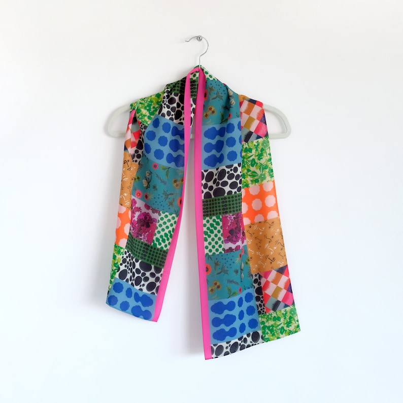 Jewel tone patchwork print colorful chiffon scarf, oblong bright neck bow, women's colorful wrap, boho chic fashion accent, bold ascot image 5