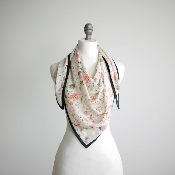 Botanical bloom scarf made in Liberty of London Floral Eve - blush with graphite grey trim.