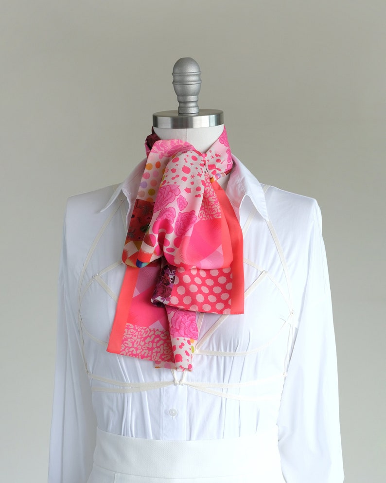 Bright pink patchwork print scarf, chic hot pink chiffon scarf, women's bold ascot, oblong blouse bow scarf, lovely fashion scarf image 1