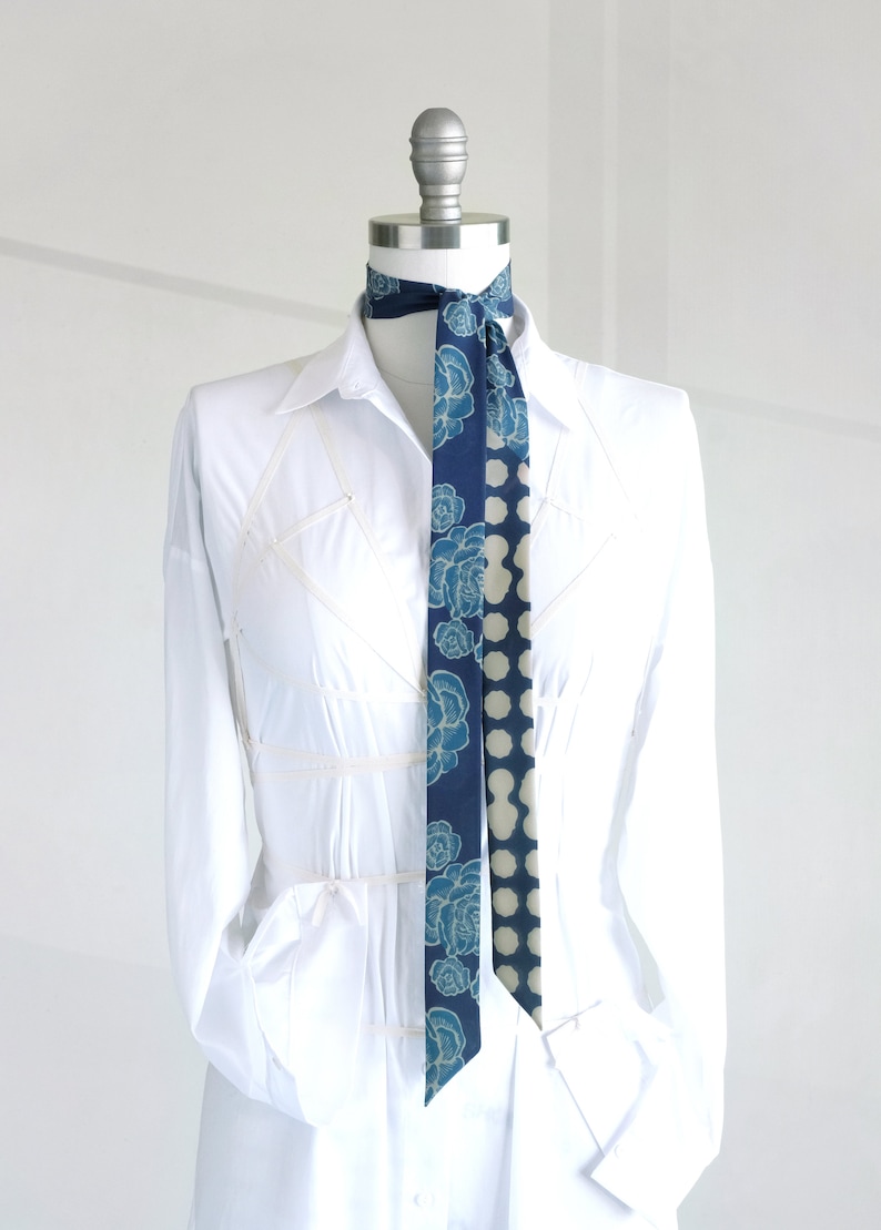 Blue floral skinny scarf, hair wrap, women's necktie, indigo blue ribbon choker scarf, modern professional style accent, boho-style belt image 7