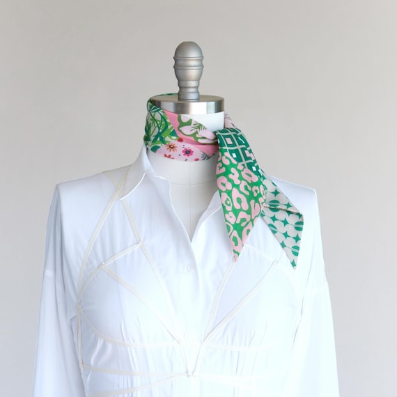 Green Pink Patterned Bandana Scarf, Handmade Neckerchief