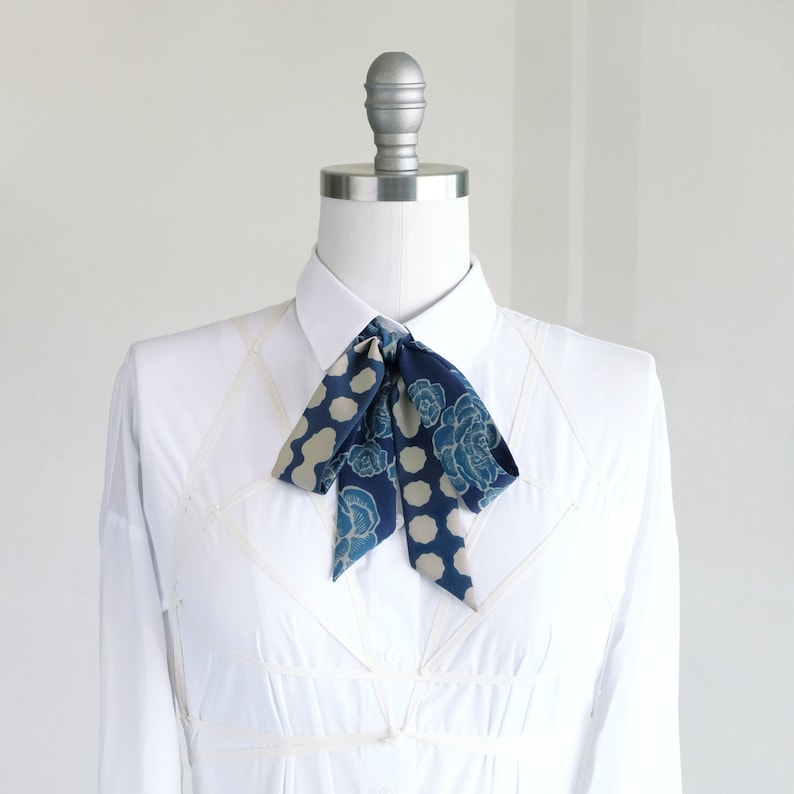 Blue floral skinny scarf, hair wrap, women's necktie, indigo blue ribbon choker scarf, modern professional style accent, boho-style belt image 8