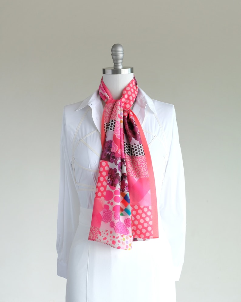 Bright pink patchwork print scarf, chic hot pink chiffon scarf, women's bold ascot, oblong blouse bow scarf, lovely fashion scarf image 2