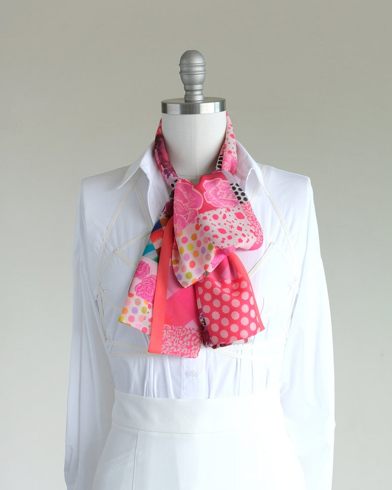 Bright pink patchwork print scarf, chic hot pink chiffon scarf, women's bold ascot, oblong blouse bow scarf, lovely fashion scarf image 7