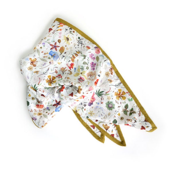 All season botanical silk scarf made in Liberty of London's Floral Eve - spring blooms with dijon Trim.