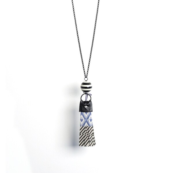 Tassel necklace, long pendant necklace, tassel jewelry beaded, cloud blue and white tassel, floral patterns, black leather