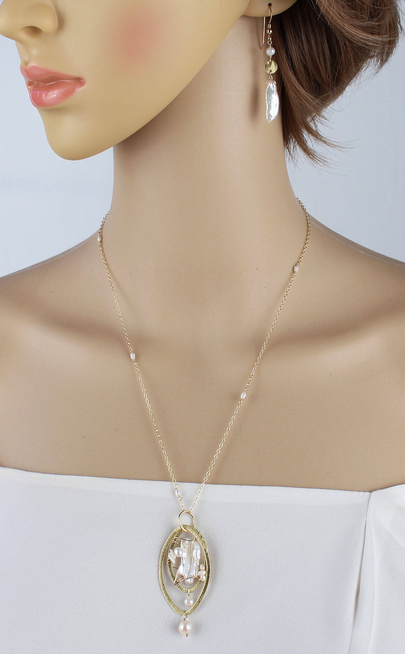 Freshwater Bawa Cultured Pearl Necklace Earring Set Gold 14K GF Freeform Wirewrapped New