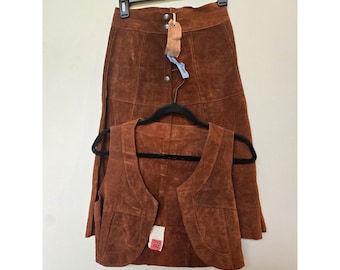 Gonna/gilet vintage anni '70 in pelle scamosciata da donna taglia 10 (veste 6-8) arancione bruciato stile hippie festival