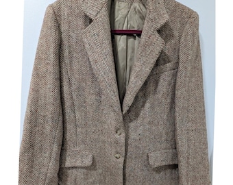 Blazer vintage His and Hers of London em lã marrom com estampa espinha de peixe, tamanho 14.