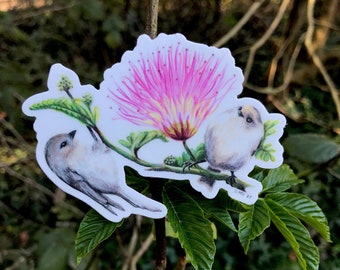 Bushtits on Mimosa sticker, vinyl, 3", waterproof, original illustration