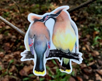 Cedar Waxwings sticker, vinyl, 3.5", waterproof, original illustration