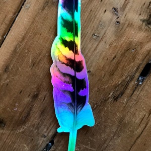 Holographic Hawk feather, 6” in length, high quality waterproof vinyl sticker