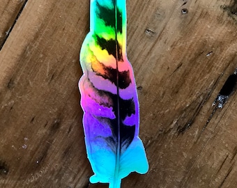 Holographic Hawk Feather Sticker: Waterproof Vinyl Decal