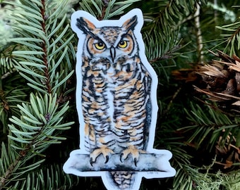 Great Horned Owl sticker, vinyl, 3.5", waterproof, original illustration