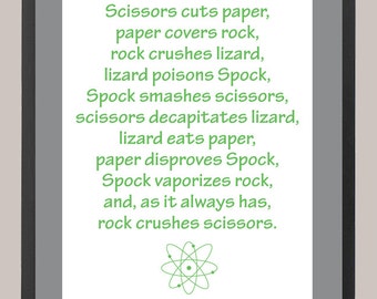 Big Bang Theory Sheldon 'Rock paper rock lizard Spock' Quote 11 x 14 Inspiration Print