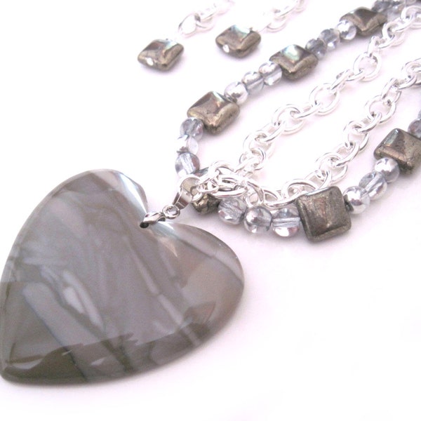 Cappucino Gray Jasper Heart 2 strand Necklace & Earring Set, Pyrite, Silver Chain