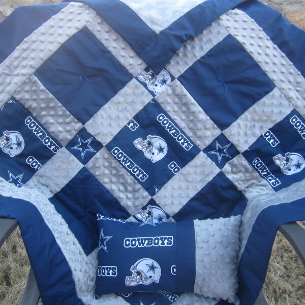 Custom Made to Order ~ Baby Boy Quilt and Pillow Made with Dallas Cowboy Fabric and Super Soft Minky Dot Fabric ~ Soft Flannel Backing