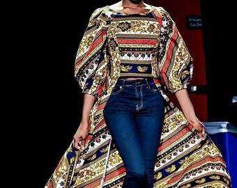 Kuwaha African Print Puff Sleeve Top, High Low, Blue Black, White, Red, Yellow