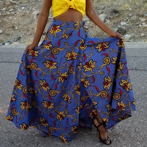 Kuwaha African Print Long Wrap Skirt; Blue, Yellow, Red