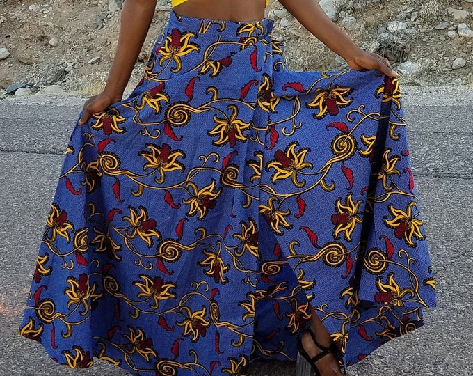 Kuwaha African Print Long Wrap Skirt; Blue, Yellow, Red
