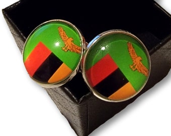 Zambia Flag Glass Cufflinks, Round