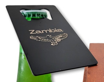 Zambia Bottle Opener, Fish Eagle Emblem, Credit Card Size, Stainless Steel