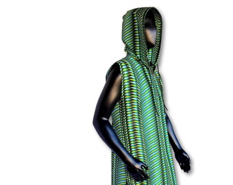 Kuwaha African Print Sleeveless Hoodie Shirt, Dashiki Tunic, Green, Yellow, Black