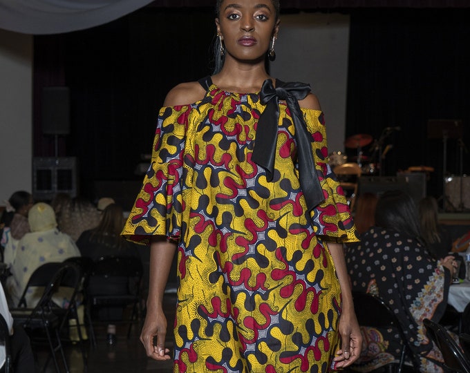 Kuwaha African Print Mini Dress, Yellow, Red, Black, Cold Shoulder
