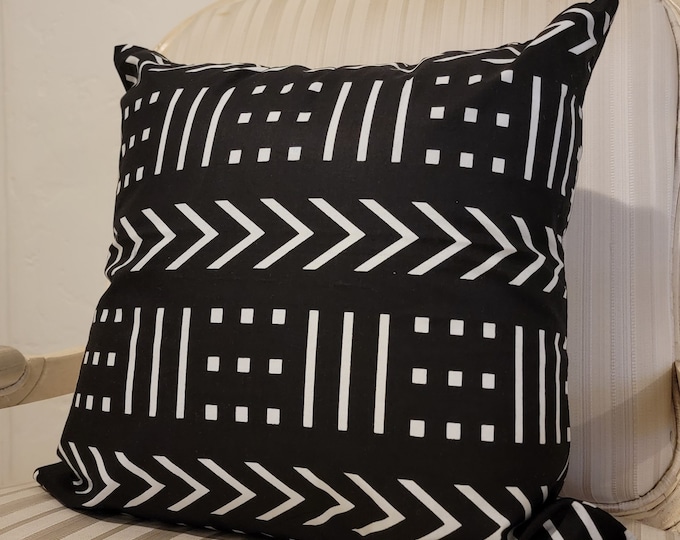 Kuwaha African Print Pillow Cover, 20" x 20", Black and White, Mud Cloth Print