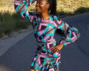 Kuwaha African Print Ruffle Dress, Long Sleeve, Purple & Teal