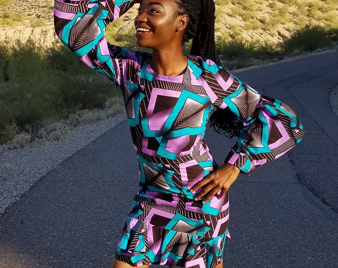 Kuwaha African Print Ruffle Dress, Long Sleeve, Purple & Teal