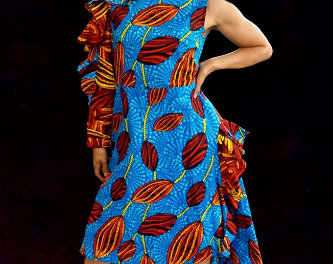 Kuwaha African Print Asymmetric Dress, Ruffle Sleeve, Blue & Red