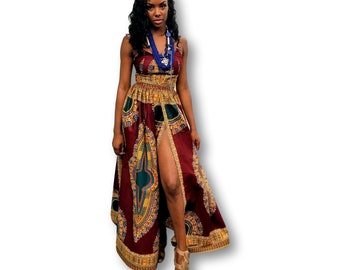 Kuwaha African Print Strapless Gown, Burgundy & Green, Dashiki