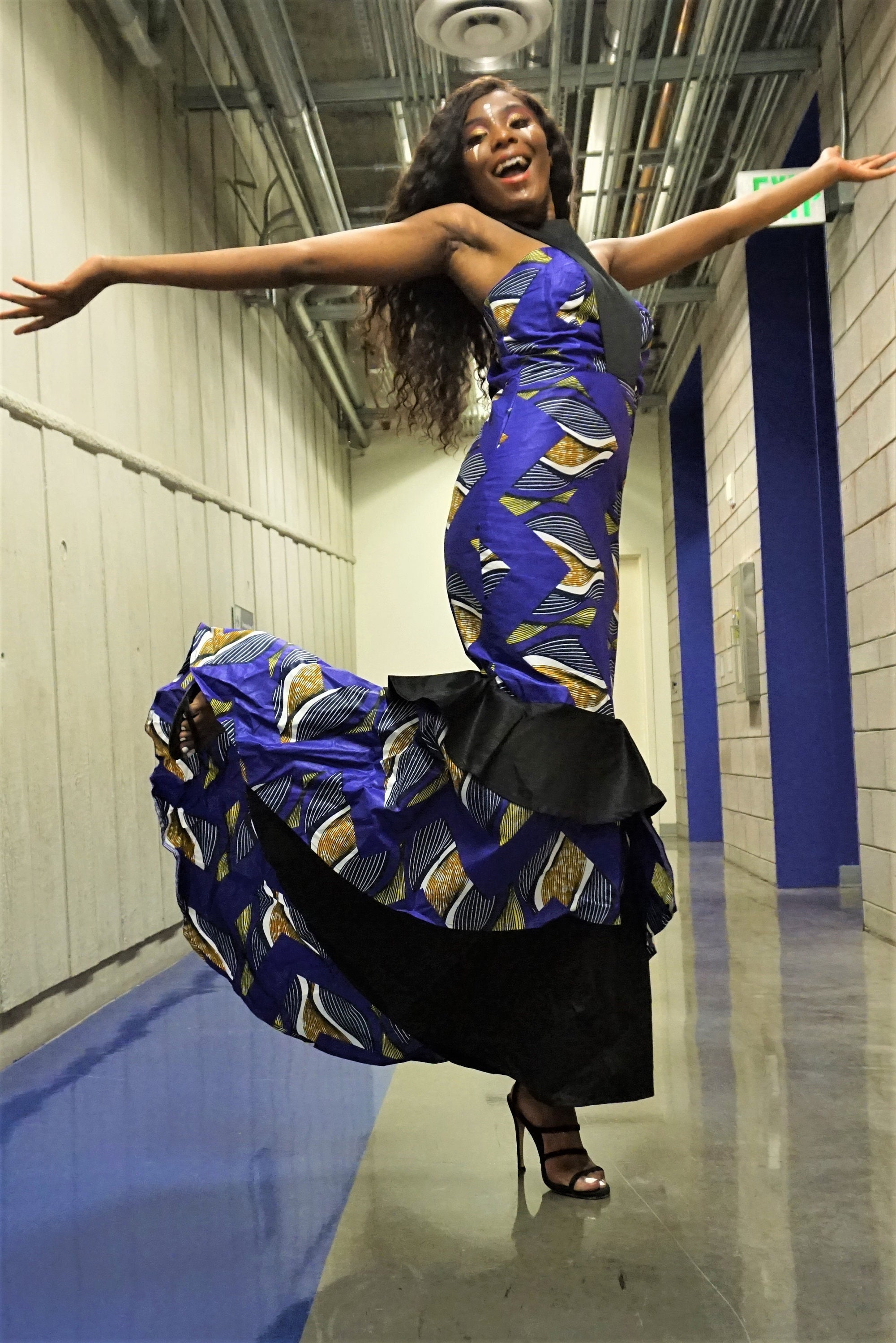 Kuwaha African Print Mermaid Gown Dress Purple Black White