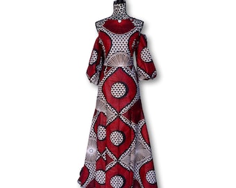 Kuwaha African Print Long Dress, Cold Shoulder, Red, Black & Cream