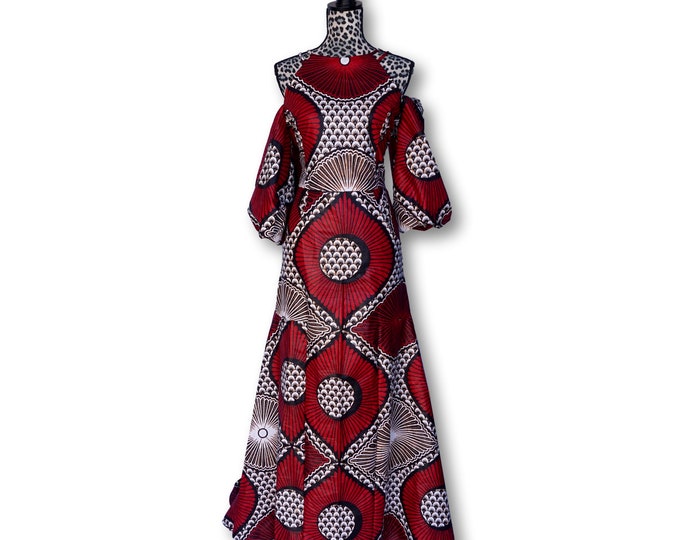 Kuwaha African Print Long Dress, Cold Shoulder, Red, Black & Cream