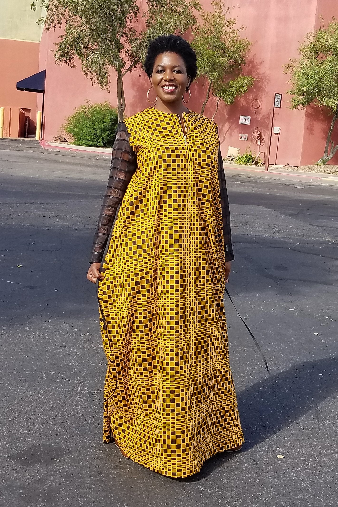Kuwaha African Print and Sheer Long Sleeve Maxi Boubou Caftan Dress