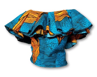 Kuwaha African Print Off Shoulder Ruffle Crop Top, Blouse, Maize Pattern, Teal Orange