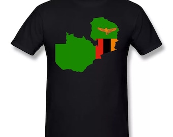 Zambia Map T-Shirt in Flag Colors, Novelty T-Shirt, Short Sleeve Tee, Black, Size XXL